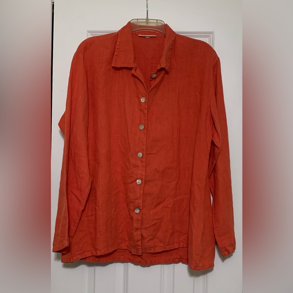 Bryn Walker S 100% Linen OrangeyCoral Button LongSleeve Buttons Beach Lux Casual - Picture 3 of 6
